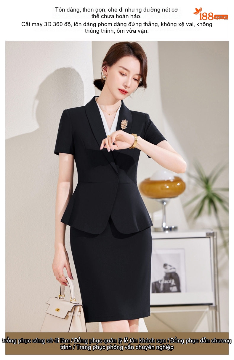 Bộ Vest Công Sở Nữ Tay Ngắn Thiết Kế Thời Trang Màu Đen, Xanh Navy chi tiết 4