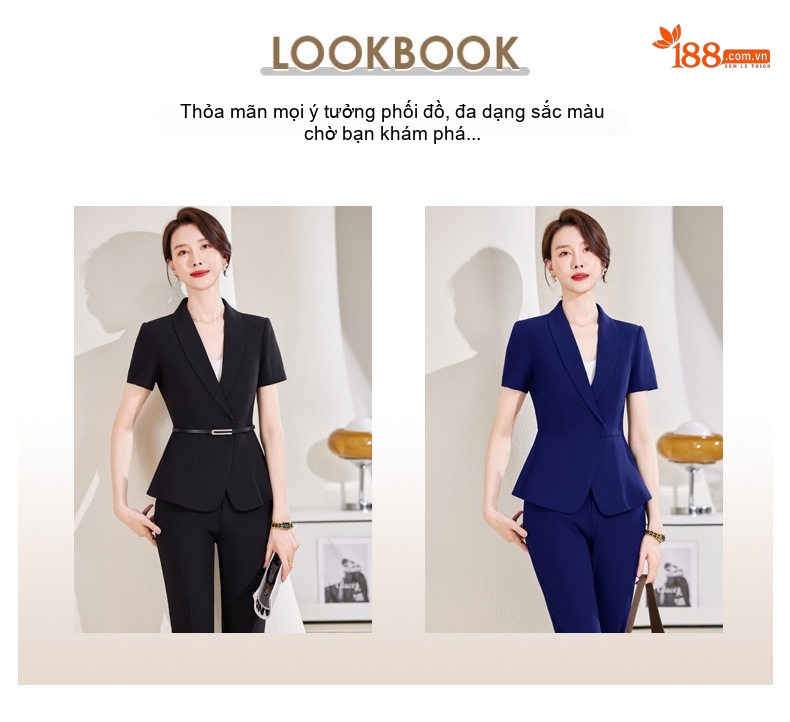 Bộ Vest Công Sở Nữ Tay Ngắn Thiết Kế Thời Trang Màu Đen, Xanh Navy chi tiết 5