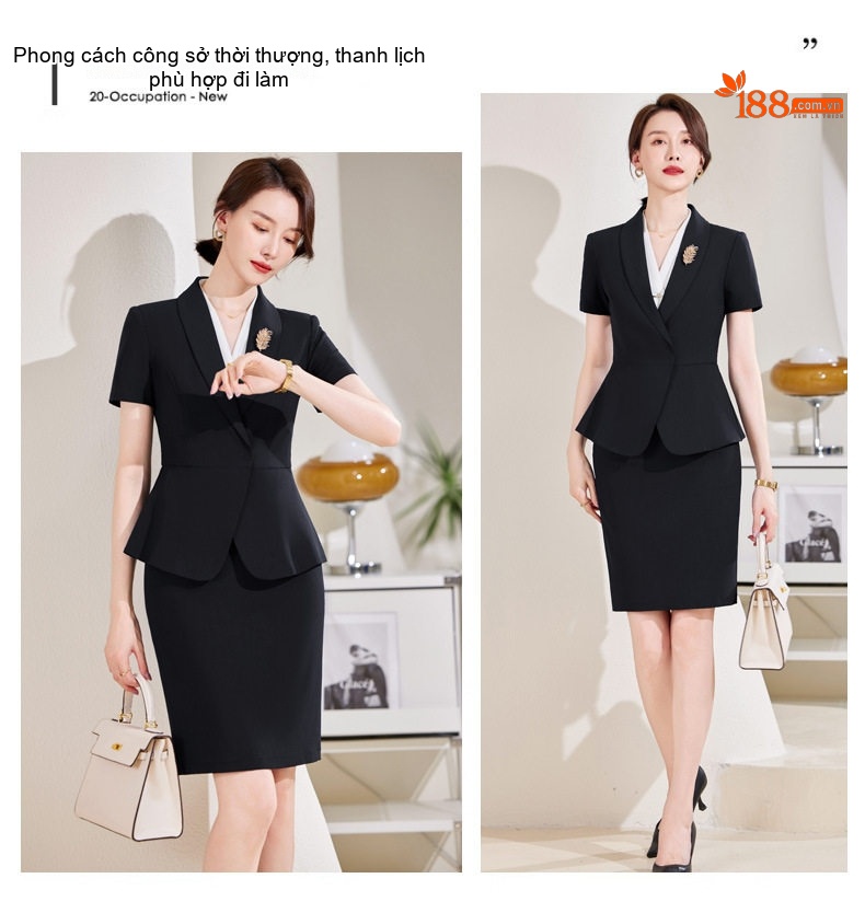 Bộ Vest Công Sở Nữ Tay Ngắn Thiết Kế Thời Trang Màu Đen, Xanh Navy chi tiết 13