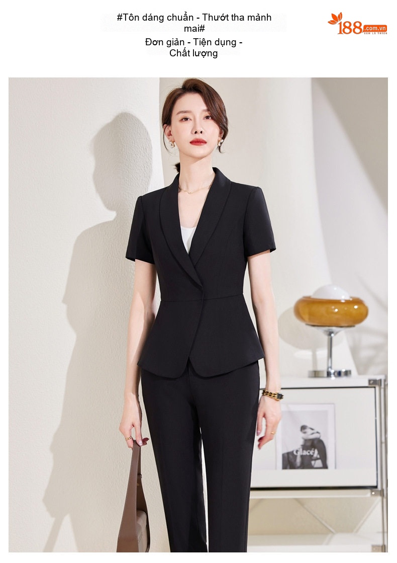 Bộ Vest Công Sở Nữ Tay Ngắn Thiết Kế Thời Trang Màu Đen, Xanh Navy chi tiết 14