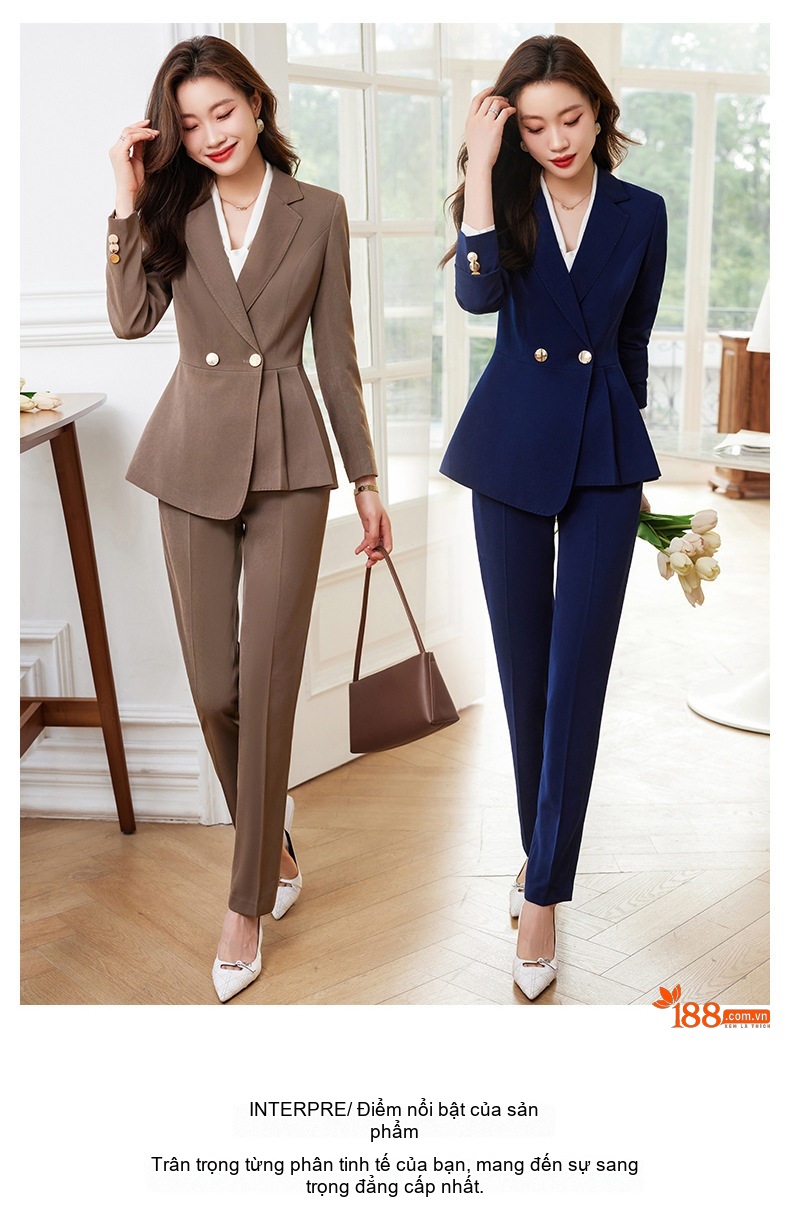 Bộ Vest Công Sở Nữ Thiết Kế Cách Điệu Màu Đen, Xanh Navy, Nâu, Cam chi tiết 3
