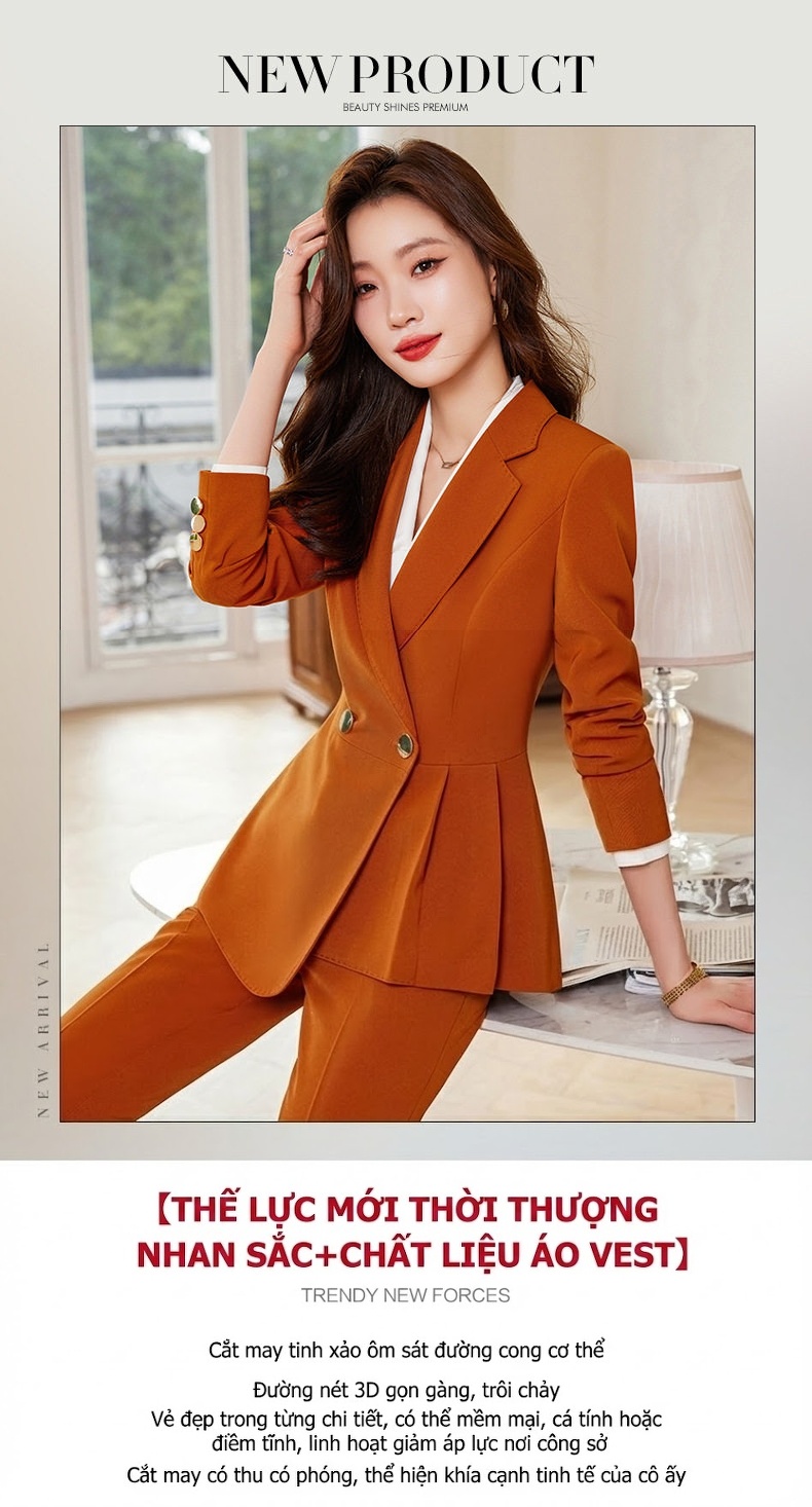 Bộ Vest Công Sở Nữ Thiết Kế Cách Điệu Màu Đen, Xanh Navy, Nâu, Cam chi tiết 2