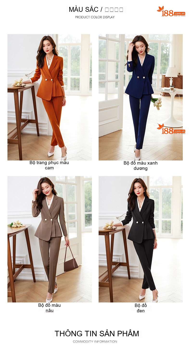 Bộ Vest Công Sở Nữ Thiết Kế Cách Điệu Màu Đen, Xanh Navy, Nâu, Cam chi tiết 5