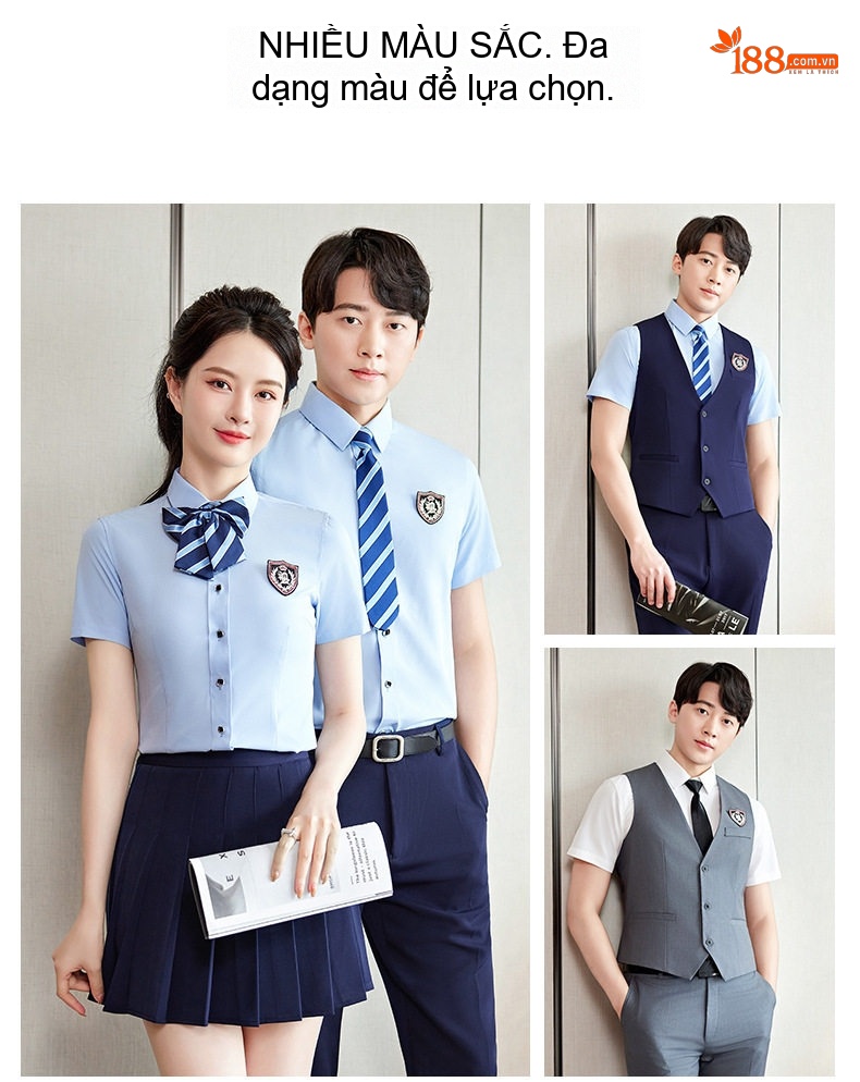 Bộ Vest Gile Công Sở Nam Nữ Áo Sơ Mi Tay Ngắn Chân Váy/Quần Màu Xám, Xanh Navy chi tiết 7