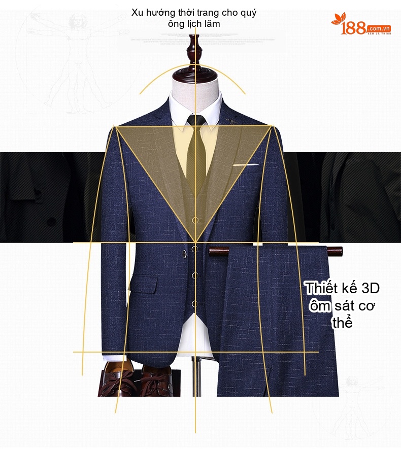 Bộ Vest Nam 3 Món Phong Cách Hàn Quốc Dáng Ôm Dự Tiệc Cưới Màu Xám, Xanh Navy chi tiết 6