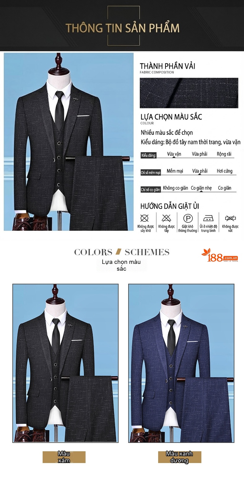 Bộ Vest Nam 3 Món Phong Cách Hàn Quốc Dáng Ôm Dự Tiệc Cưới Màu Xám, Xanh Navy chi tiết 2