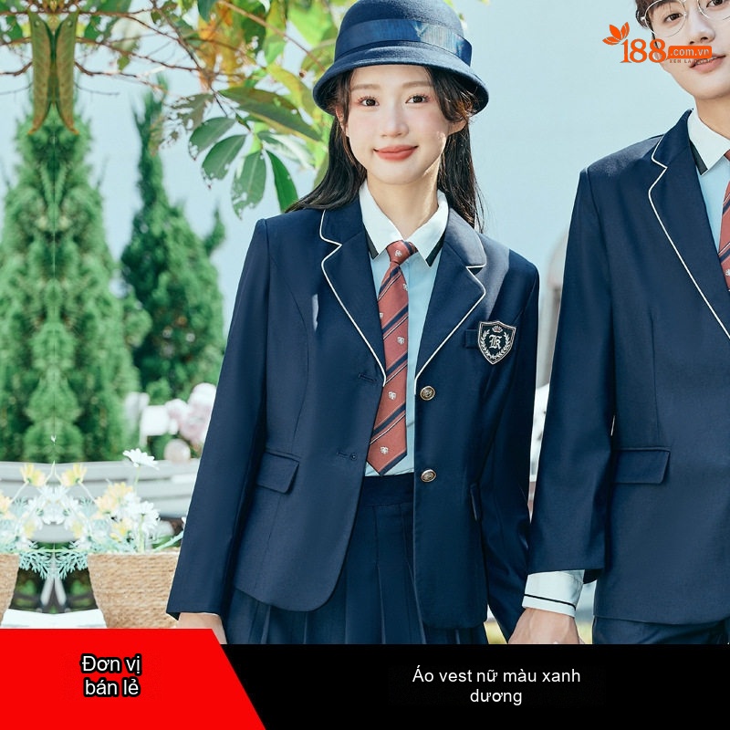 Bộ Vest Nam Nữ Học Sinh Phong Cách Học Đường, Bộ Tốt Nghiệp Ba Món Màu Xanh Dương, Xám
