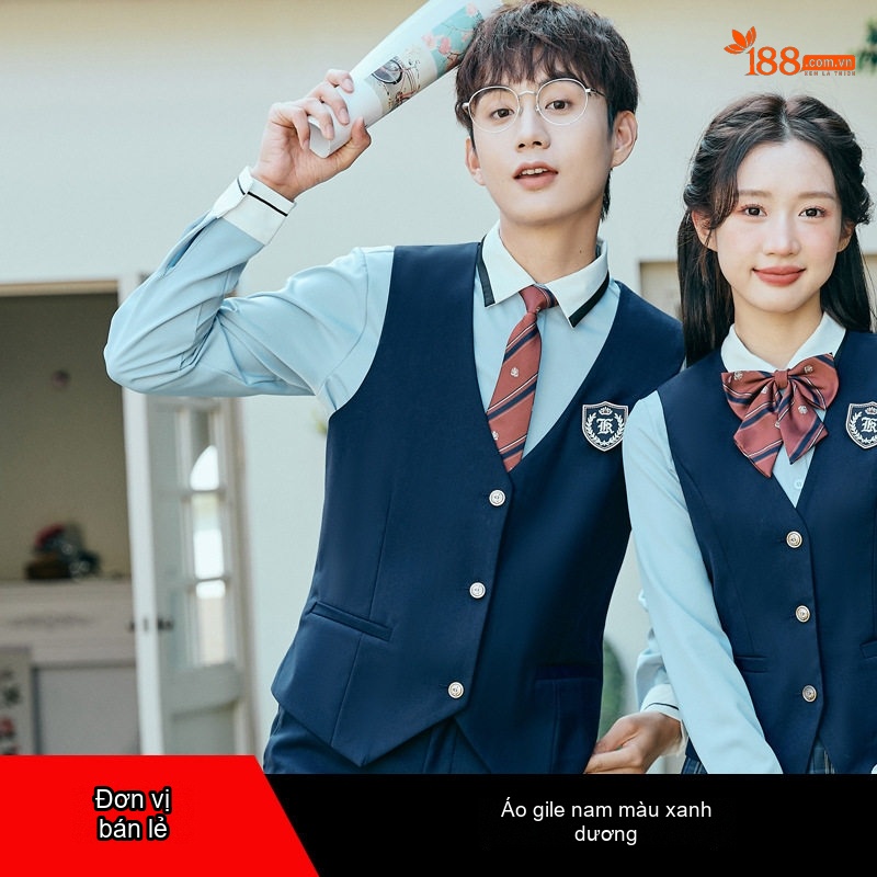 Bộ Vest Nam Nữ Học Sinh Phong Cách Học Đường, Bộ Tốt Nghiệp Ba Món Màu Xanh Dương, Xám