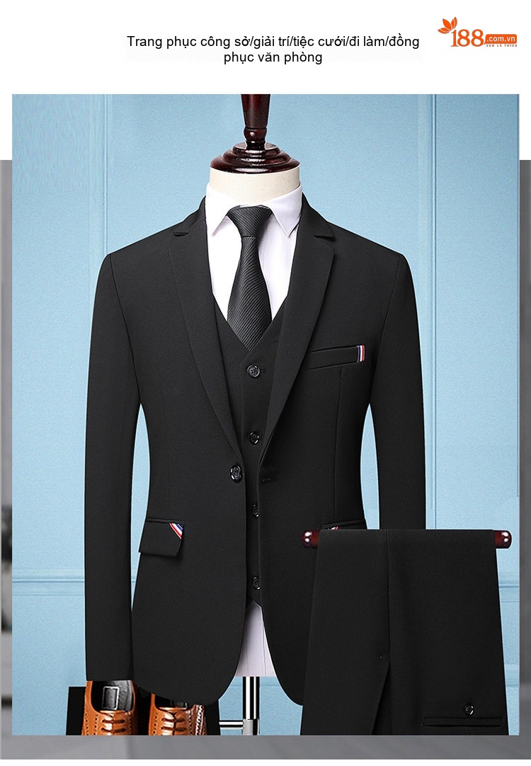 Bộ Vest Nam Slim Fit Phong Cách Hàn Quốc, Vest Chú Rể, Vest Công Sở Màu Đen, Xanh Dương, Xanh Da Trời chi tiết 1