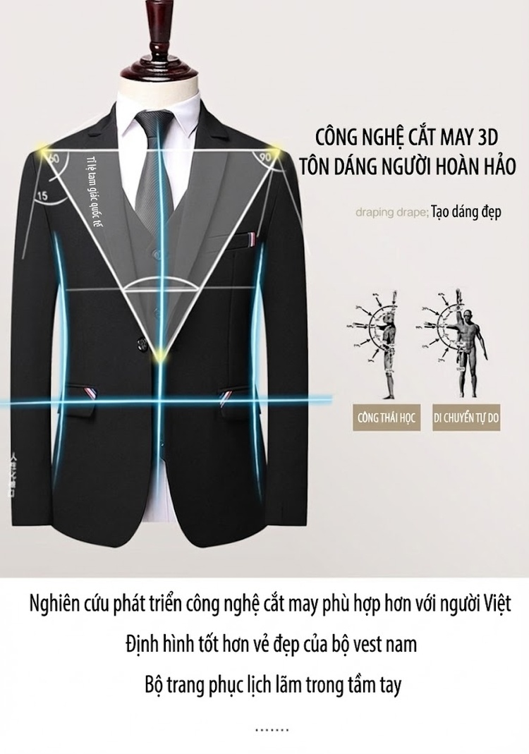 Bộ Vest Nam Slim Fit Phong Cách Hàn Quốc, Vest Chú Rể, Vest Công Sở Màu Đen, Xanh Dương, Xanh Da Trời chi tiết 3