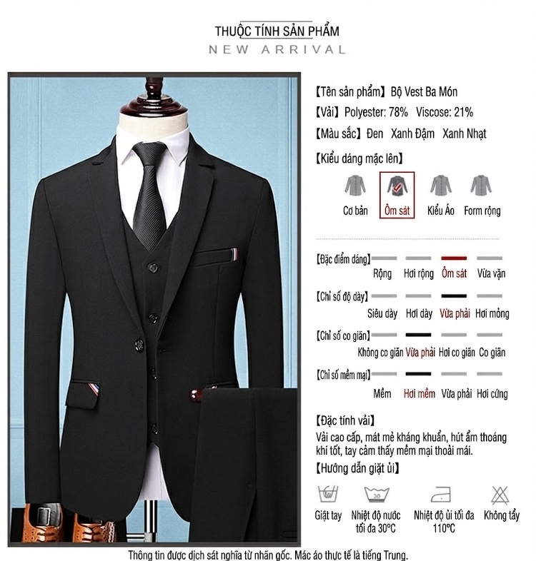 Bộ Vest Nam Slim Fit Phong Cách Hàn Quốc, Vest Chú Rể, Vest Công Sở Màu Đen, Xanh Dương, Xanh Da Trời chi tiết 4