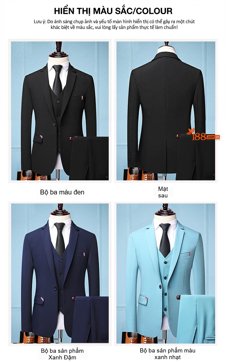 Bộ Vest Nam Slim Fit Phong Cách Hàn Quốc, Vest Chú Rể, Vest Công Sở Màu Đen, Xanh Dương, Xanh Da Trời chi tiết 5