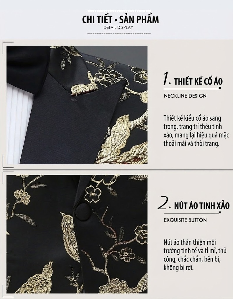 Bộ Vest Nam Thêu Họa Tiết Chim Sáo MC Dẫn Chương Trình Màu Đen, Xanh Lá, Đỏ, Xanh Dương...