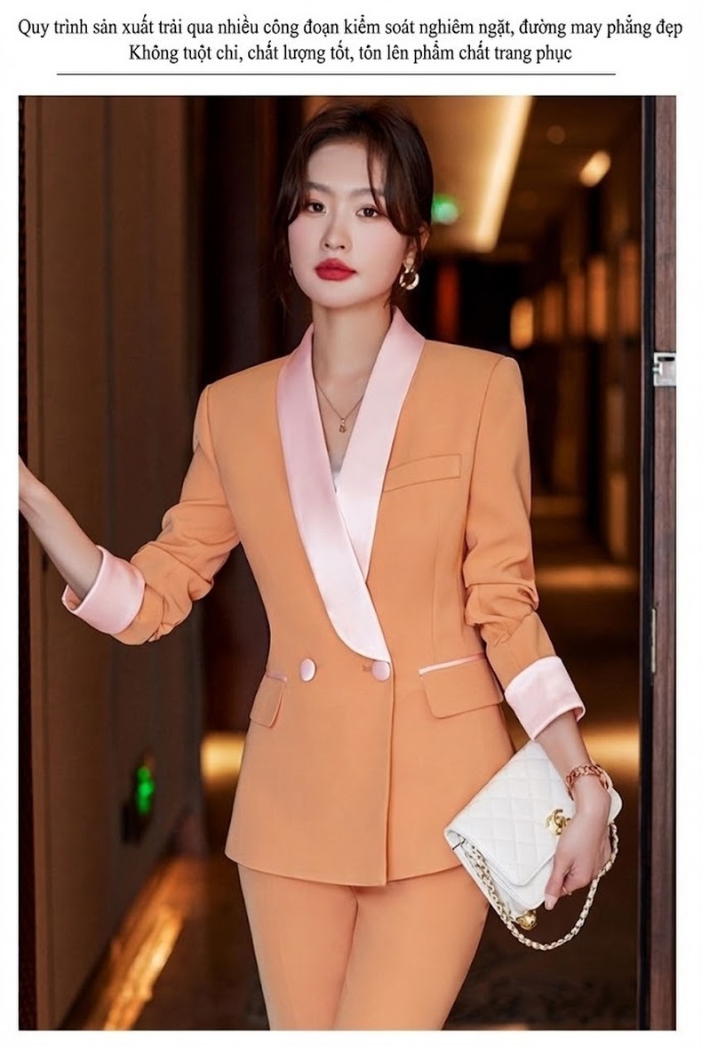 Bộ Vest Nữ Áo Blazer Quần Dài Phong Cách Công Sở Màu Đỏ Rượu, Đen, Cam chi tiết 12