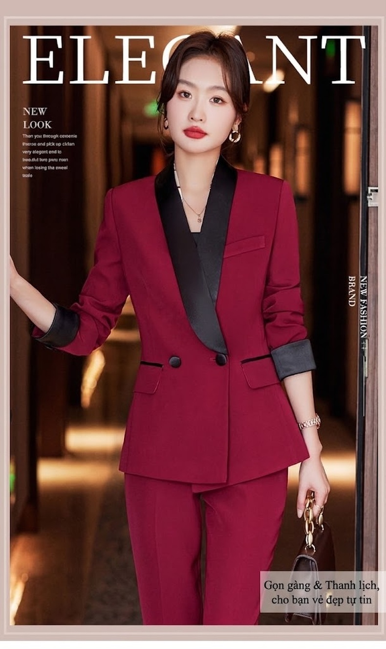 Bộ Vest Nữ Áo Blazer Quần Dài Phong Cách Công Sở Màu Đỏ Rượu, Đen, Cam chi tiết 3