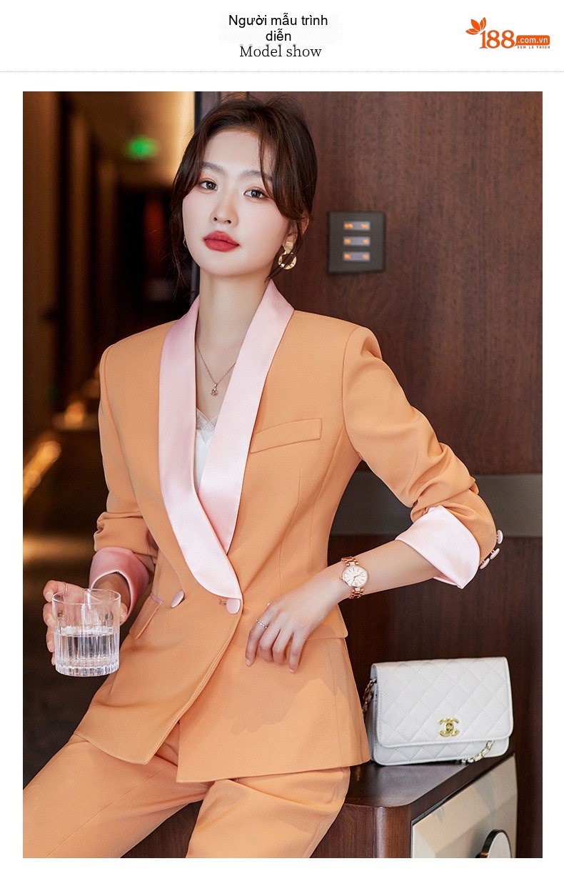 Bộ Vest Nữ Áo Blazer Quần Dài Phong Cách Công Sở Màu Đỏ Rượu, Đen, Cam chi tiết 10