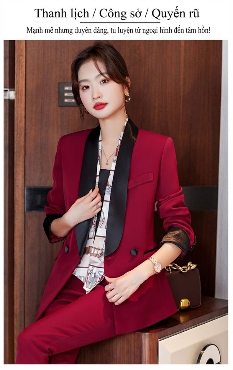 Bộ Vest Nữ Áo Blazer Quần Dài Phong Cách Công Sở Màu Đỏ Rượu, Đen, Cam chi tiết 4