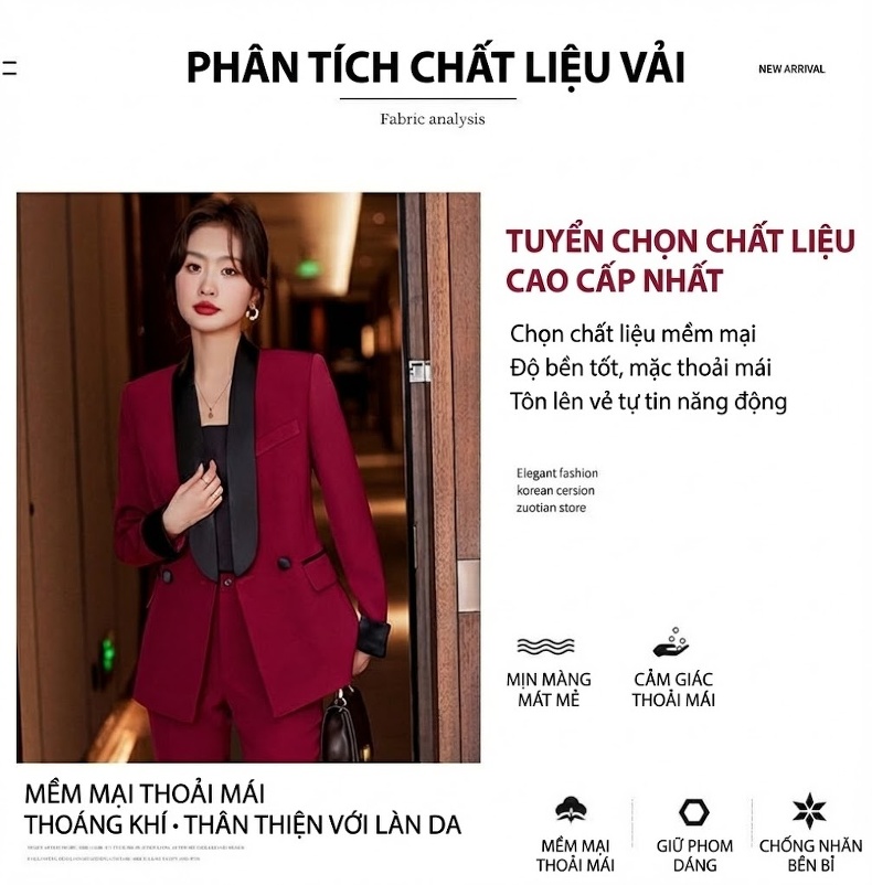 Bộ Vest Nữ Áo Blazer Quần Dài Phong Cách Công Sở Màu Đỏ Rượu, Đen, Cam chi tiết 5