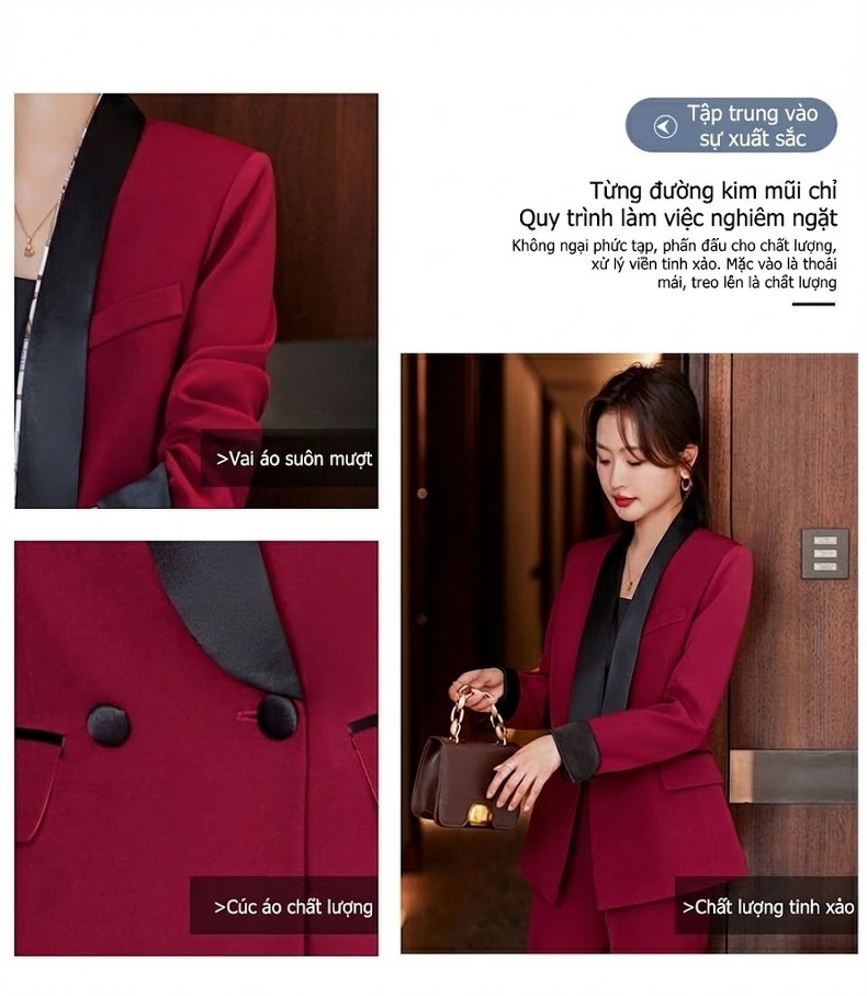Bộ Vest Nữ Áo Blazer Quần Dài Phong Cách Công Sở Màu Đỏ Rượu, Đen, Cam chi tiết 6