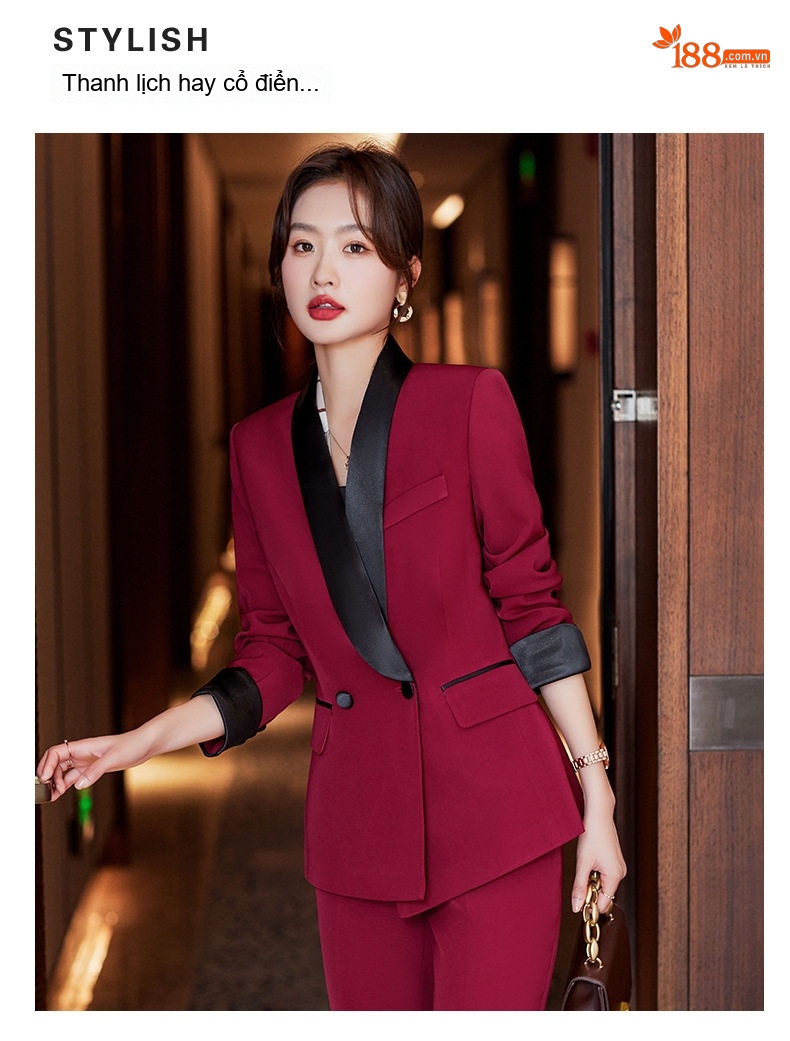 Bộ Vest Nữ Áo Blazer Quần Dài Phong Cách Công Sở Màu Đỏ Rượu, Đen, Cam chi tiết 7
