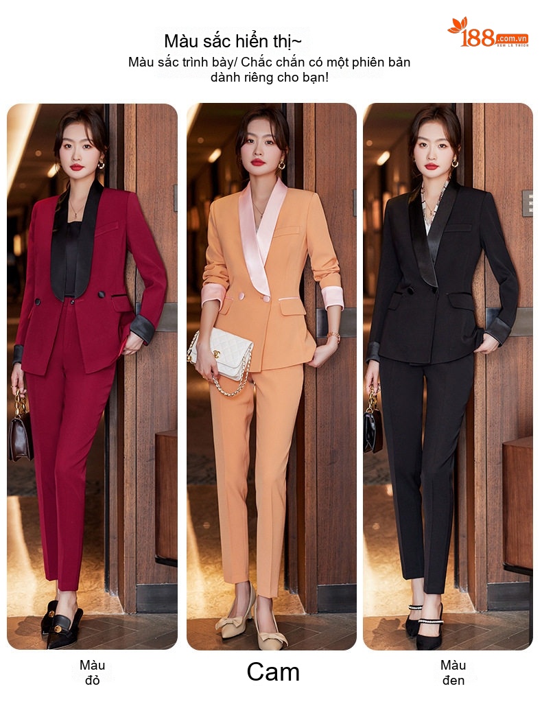 Bộ Vest Nữ Áo Blazer Quần Dài Phong Cách Công Sở Màu Đỏ Rượu, Đen, Cam chi tiết 8