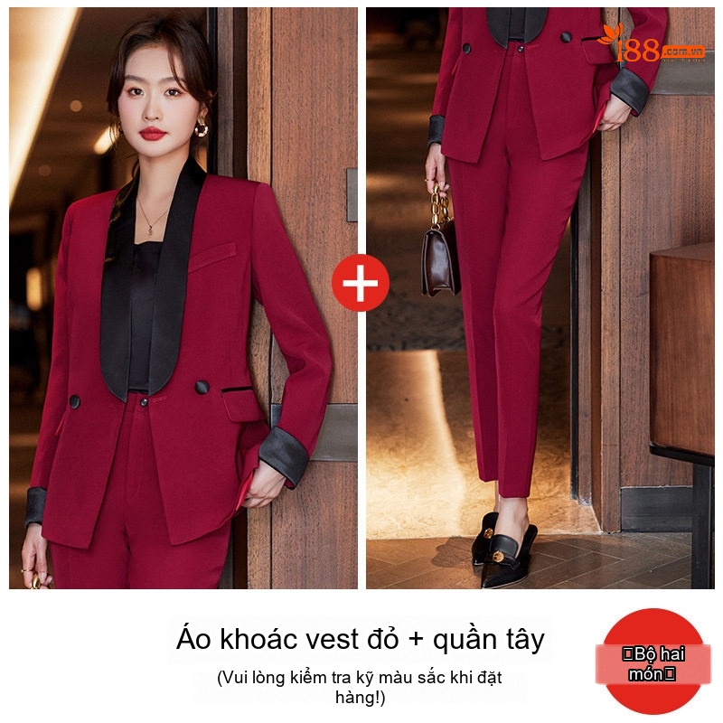 Bộ Vest Nữ Áo Blazer Quần Dài Phong Cách Công Sở Màu Đỏ Rượu, Đen, Cam