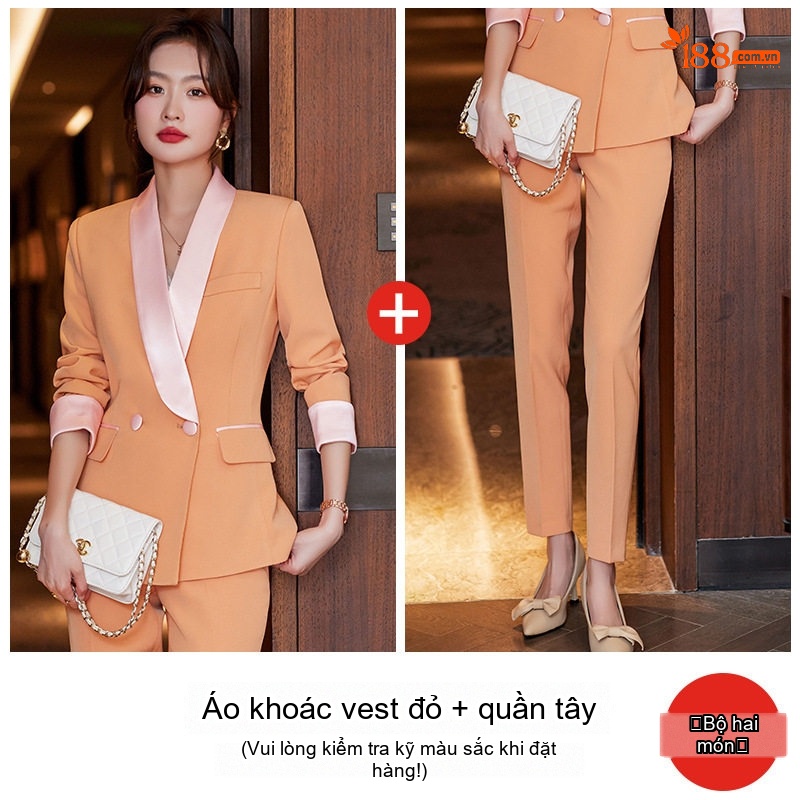 Bộ Vest Nữ Áo Blazer Quần Dài Phong Cách Công Sở Màu Đỏ Rượu, Đen, Cam