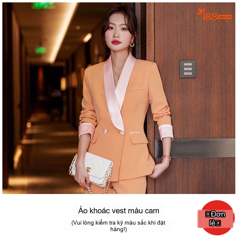 Bộ Vest Nữ Áo Blazer Quần Dài Phong Cách Công Sở Màu Đỏ Rượu, Đen, Cam