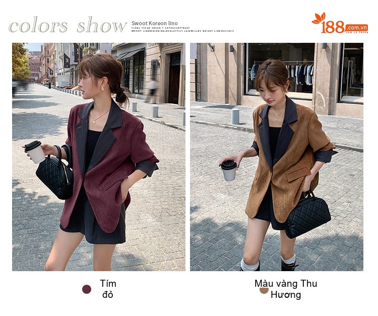 Bộ Vest Nữ Áo Blazer Quần Short Thiết Kế Thời Trang Màu Nâu, Đỏ Đô Phối Xám chi tiết 1