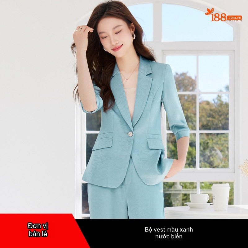 Bộ Vest Nữ Áo Blazer Tay Lỡ Quần Ống Rộng Chất Acetate Satin Phong Cách Công Sở Màu Đen, Trắng Kem, Xanh...