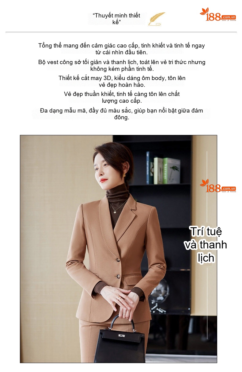 Bộ Vest Nữ Công Sở Cao Cấp Áo Khoác Blazer Quần Dài Thanh Lịch Màu Nâu chi tiết 3