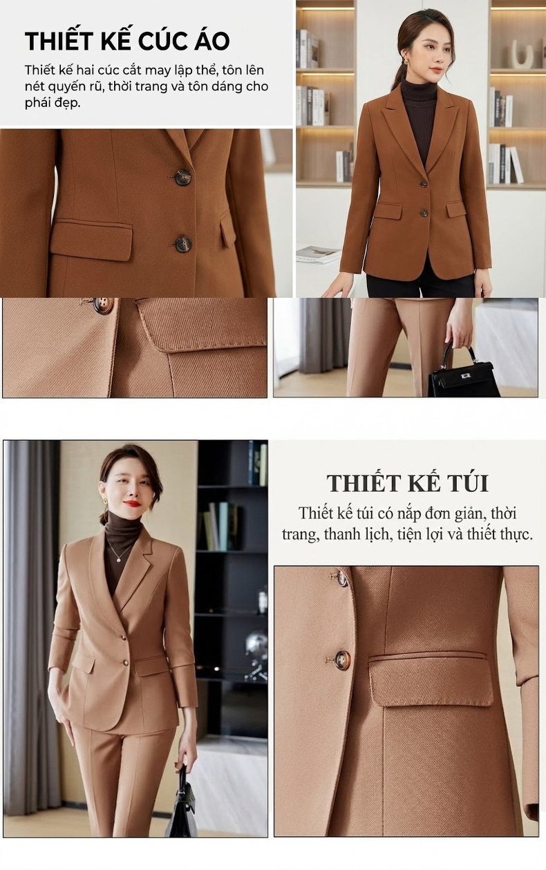 Bộ Vest Nữ Công Sở Cao Cấp Áo Khoác Blazer Quần Dài Thanh Lịch Màu Nâu chi tiết 5