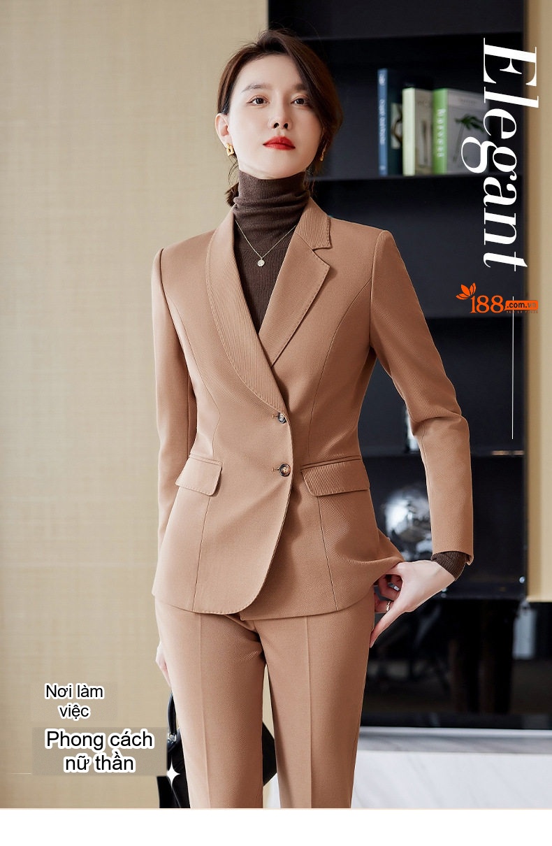Bộ Vest Nữ Công Sở Cao Cấp Áo Khoác Blazer Quần Dài Thanh Lịch Màu Nâu chi tiết 2