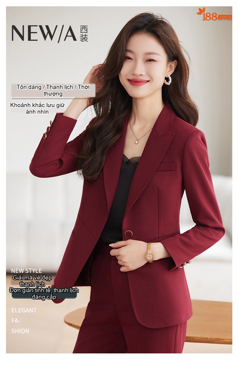 Bộ Vest Nữ Công Sở Cao Cấp, Áo Vest Thanh Lịch Màu Nâu, Đỏ Rượu, Đen, Xanh Lá chi tiết 2