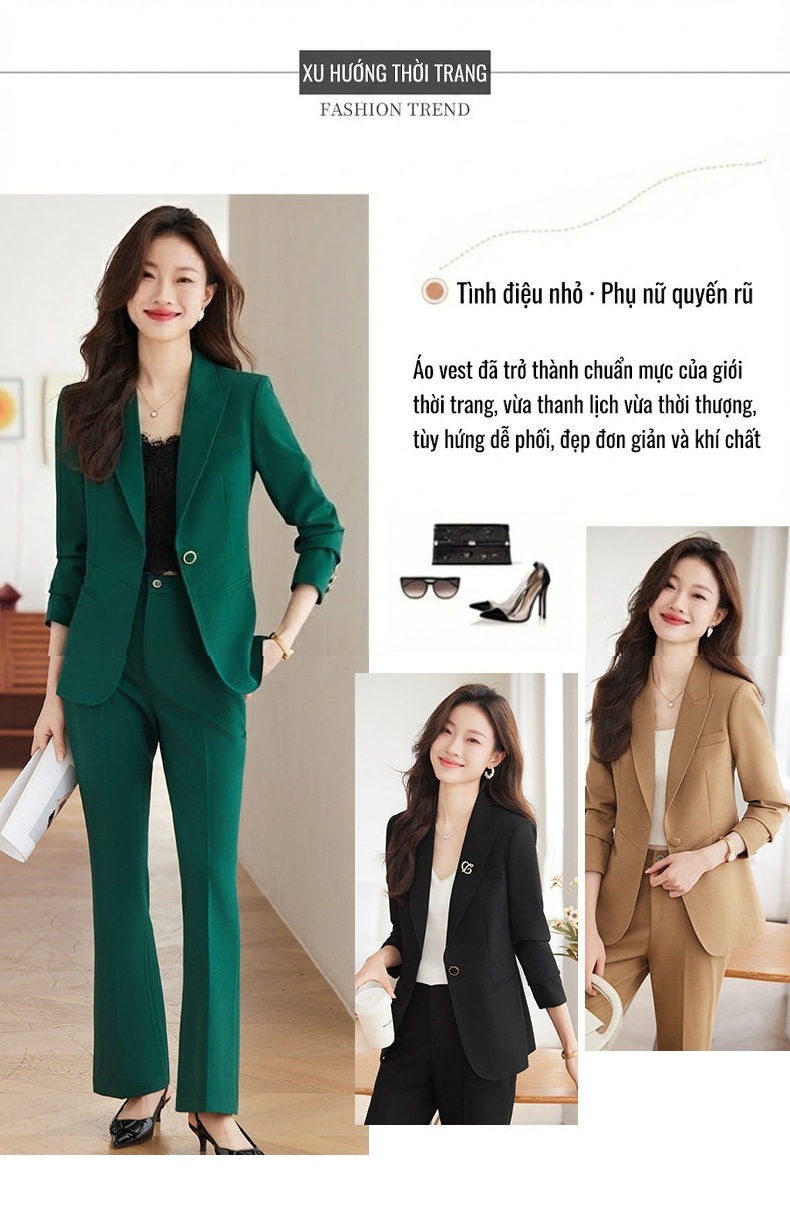 Bộ Vest Nữ Công Sở Cao Cấp, Áo Vest Thanh Lịch Màu Nâu, Đỏ Rượu, Đen, Xanh Lá chi tiết 3