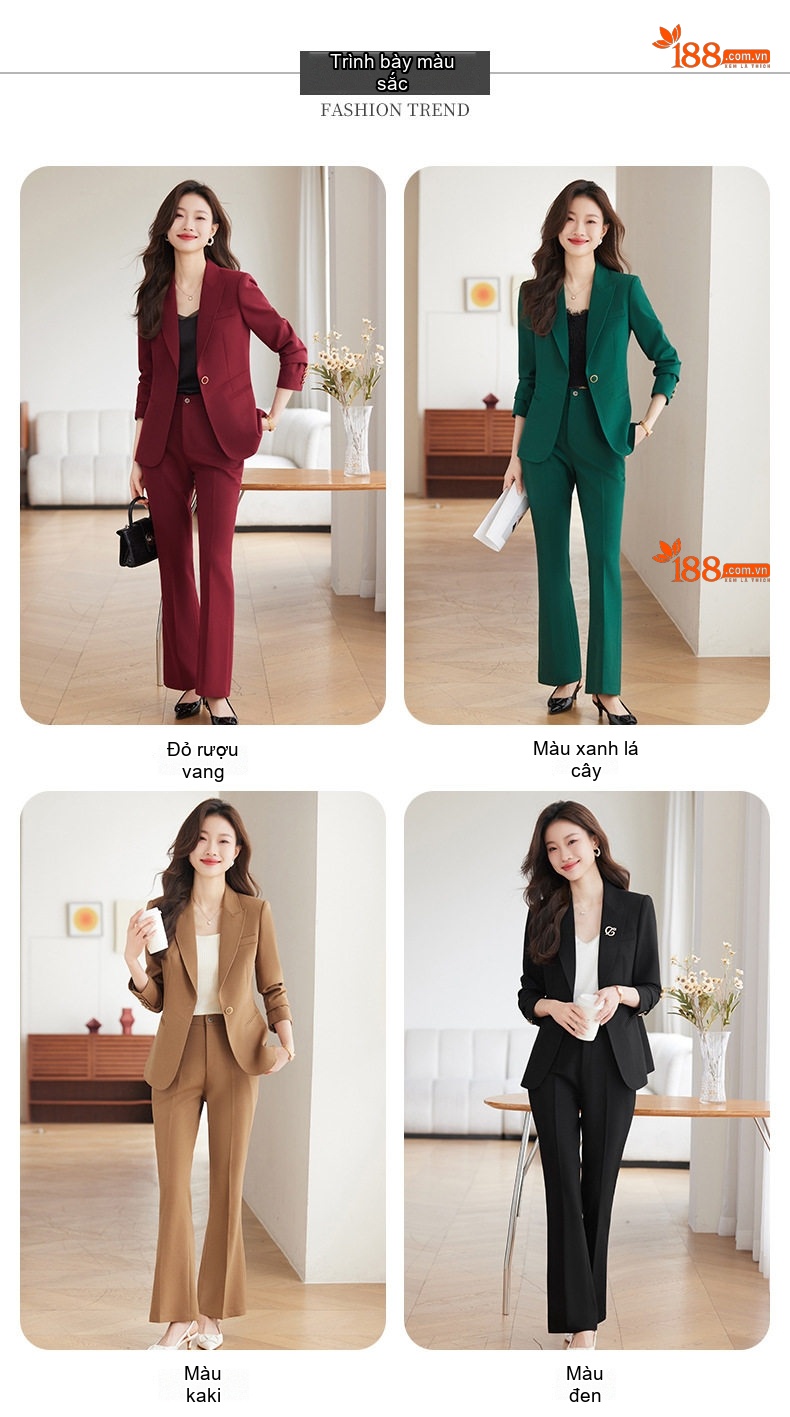 Bộ Vest Nữ Công Sở Cao Cấp, Áo Vest Thanh Lịch Màu Nâu, Đỏ Rượu, Đen, Xanh Lá chi tiết 8