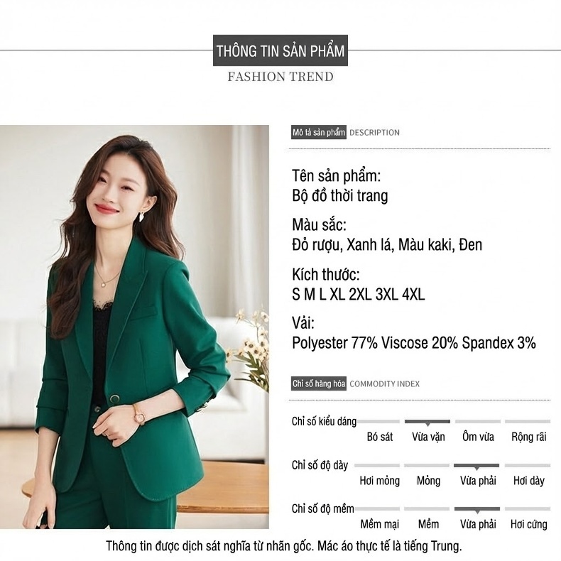 Bộ Vest Nữ Công Sở Cao Cấp, Áo Vest Thanh Lịch Màu Nâu, Đỏ Rượu, Đen, Xanh Lá chi tiết 9