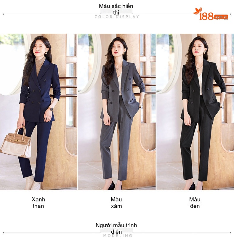 Bộ Vest Nữ Tay Dài Công Sở Hai Hàng Khuy Phong Cách Thời Trang Thu Đông 2023 Màu Đen, Xám, Xanh Navy chi tiết 4