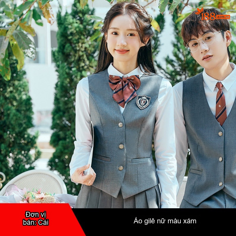 Bộ Vest Nữ Tay Dài Phong Cách Học Đường Anh Quốc, Chân Váy Xếp Ly, Đồng Phục Học Sinh Màu Xanh Navy, Xám