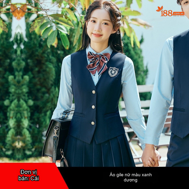 Bộ Vest Nữ Tay Dài Phong Cách Học Đường Anh Quốc, Chân Váy Xếp Ly, Đồng Phục Học Sinh Màu Xanh Navy, Xám