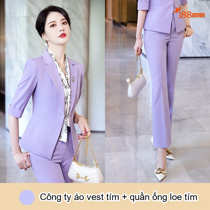 Bộ Vest Nữ Tay Lỡ Quần Ống Loe Phong Cách Công Sở Màu Đen, Be, Tím