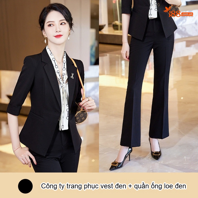 Bộ Vest Nữ Tay Lỡ Quần Ống Loe Phong Cách Công Sở Màu Đen, Be, Tím