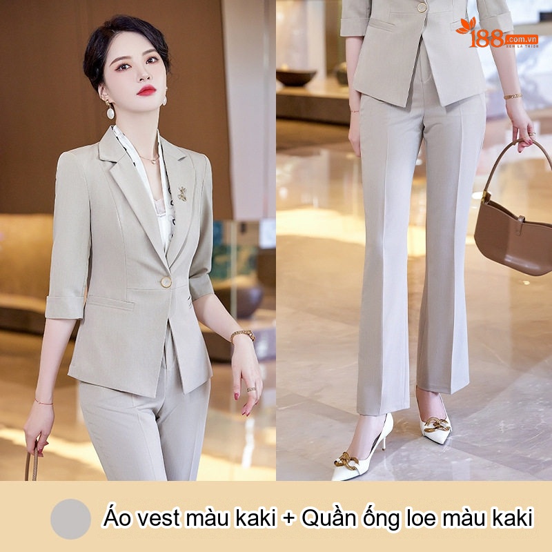 Bộ Vest Nữ Tay Lỡ Quần Ống Loe Phong Cách Công Sở Màu Đen, Be, Tím