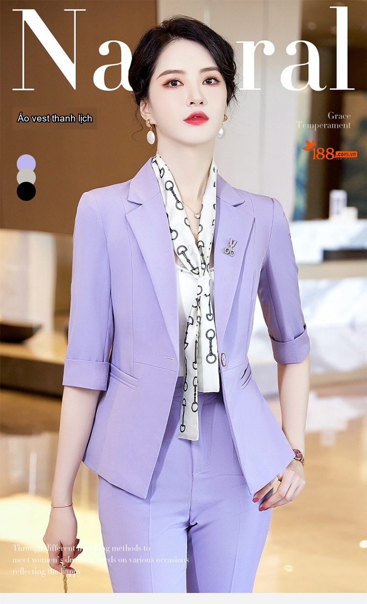 Bộ Vest Nữ Tay Lỡ Quần Ống Loe Phong Cách Công Sở Màu Đen, Be, Tím chi tiết 1