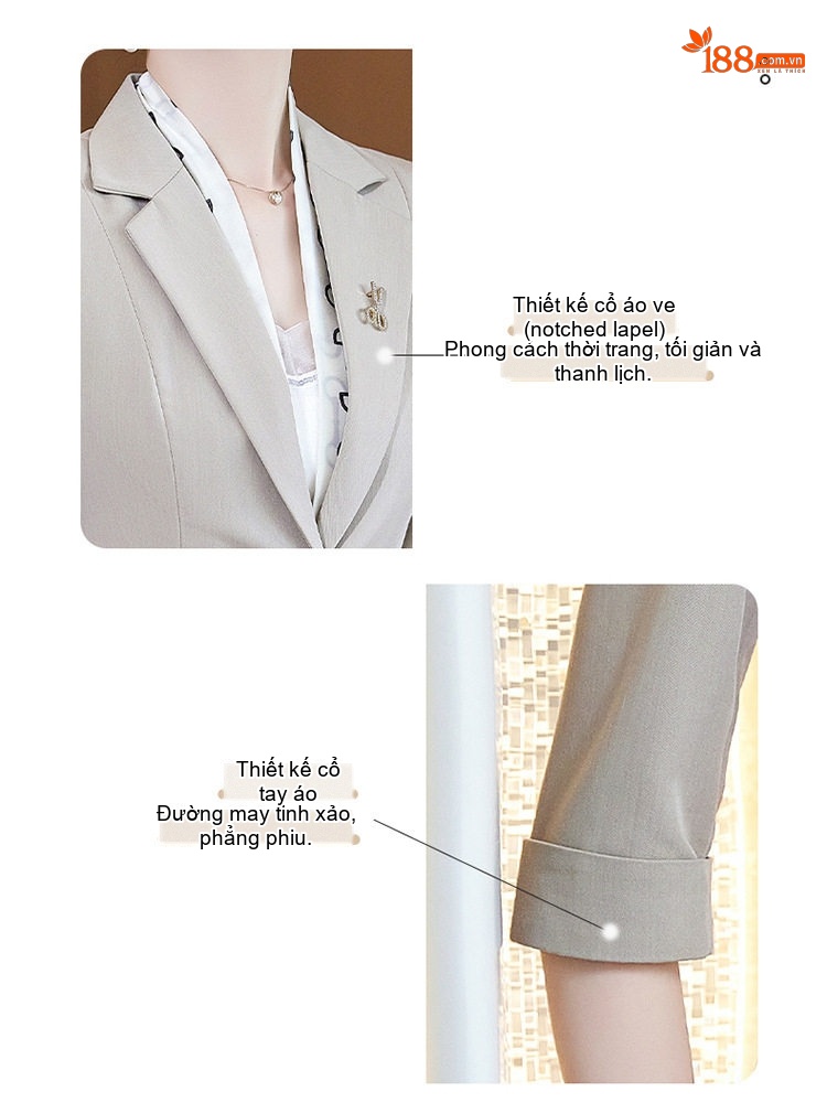 Bộ Vest Nữ Tay Lỡ Quần Ống Loe Phong Cách Công Sở Màu Đen, Be, Tím chi tiết 6