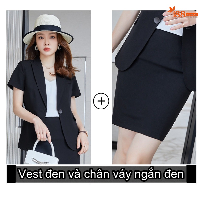 Bộ Vest Nữ Tay Ngắn Áo Blazer Quần/Chân Váy Công Sở Màu Đen, Trắng Ngà