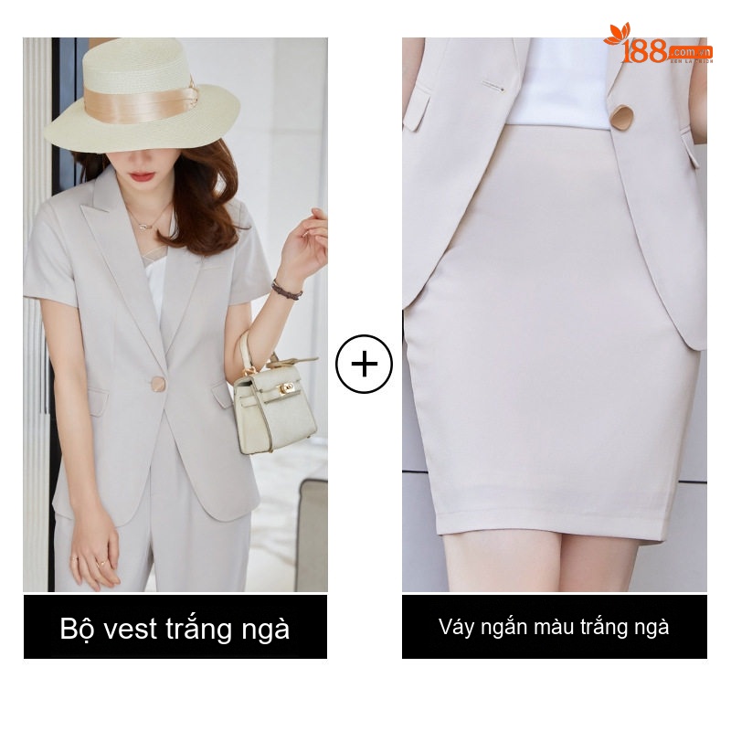 Bộ Vest Nữ Tay Ngắn Áo Blazer Quần/Chân Váy Công Sở Màu Đen, Trắng Ngà
