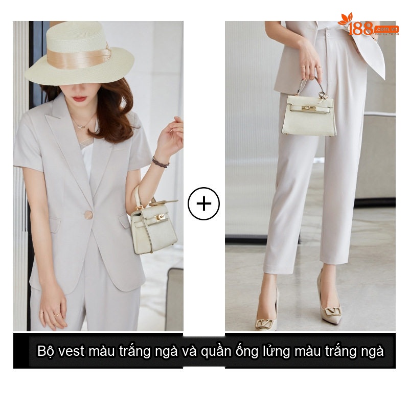 Bộ Vest Nữ Tay Ngắn Áo Blazer Quần/Chân Váy Công Sở Màu Đen, Trắng Ngà