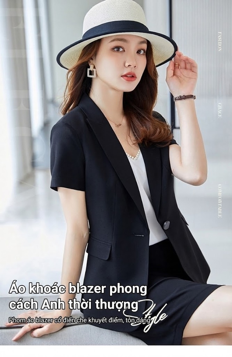 Bộ Vest Nữ Tay Ngắn Áo Blazer Quần/Chân Váy Công Sở Màu Đen, Trắng Ngà chi tiết 1