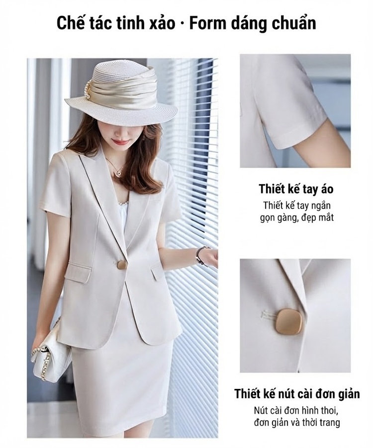 Bộ Vest Nữ Tay Ngắn Áo Blazer Quần/Chân Váy Công Sở Màu Đen, Trắng Ngà chi tiết 4